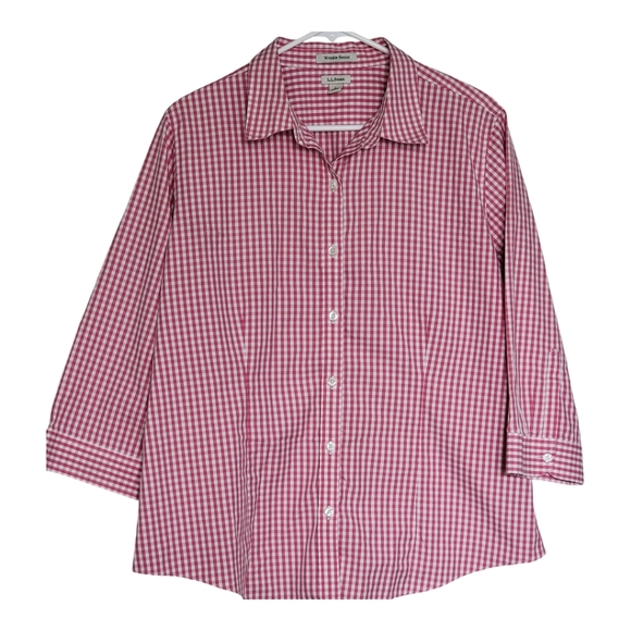 L.L.Bean Wrinkle Resist Button Up Women's Checked Pink and White Blouse Large - Picture 1 of 6